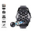 Stylish black watch with camera lens, icons for 1080p video, night vision, and motion detection.