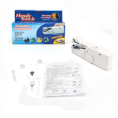 Handheld sewing machine with box, instructions, thread spools, and accessories on a white background.
