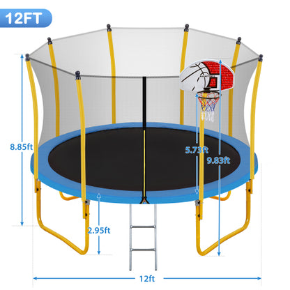 Yellow trampoline with blue edge, black mat, safety net, ladder, and basketball hoop. Size details shown.