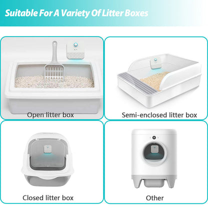 Four types of litter boxes: open, semi-enclosed, closed, and a tall automated type.