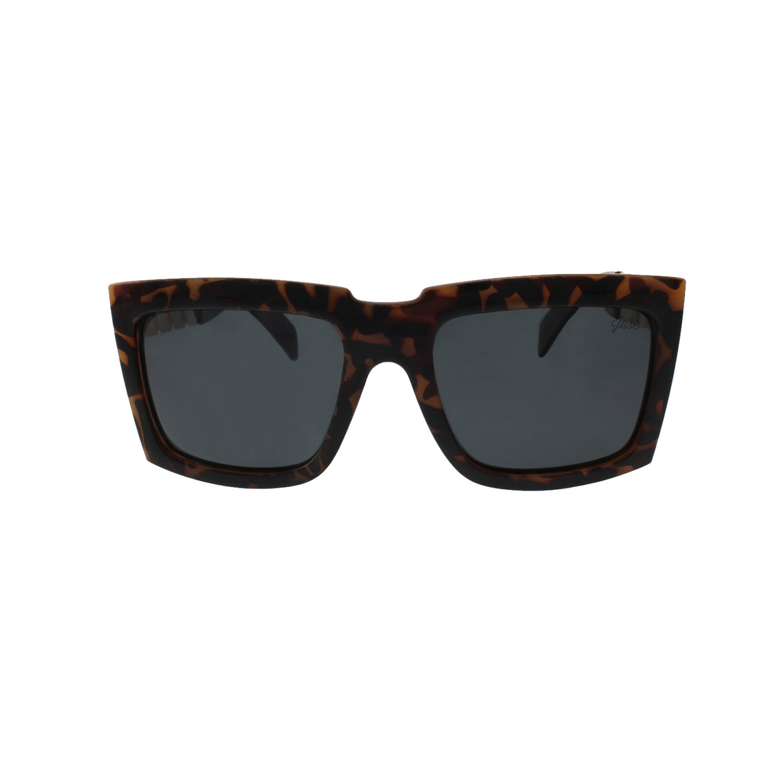 Tortoiseshell sunglasses with dark rectangular lenses and thick frames.