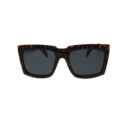 Tortoiseshell sunglasses with dark rectangular lenses and thick frames.