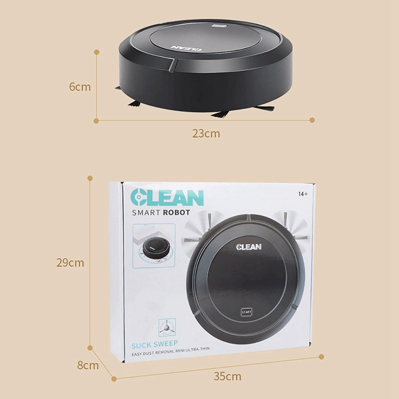 Black circular robot vacuum with dimensions; box packaging shows product image and branding.