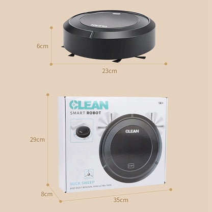 Black circular robot vacuum with dimensions; box packaging shows product image and branding.