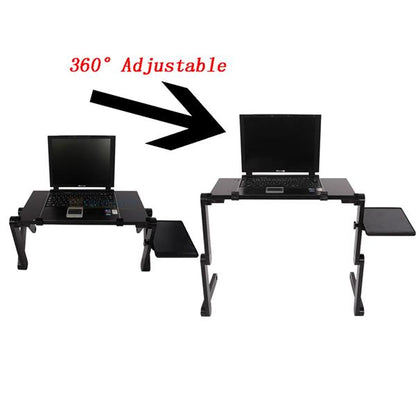 Adjustable black laptop stand; two positions shown, labeled "360° Adjustable."