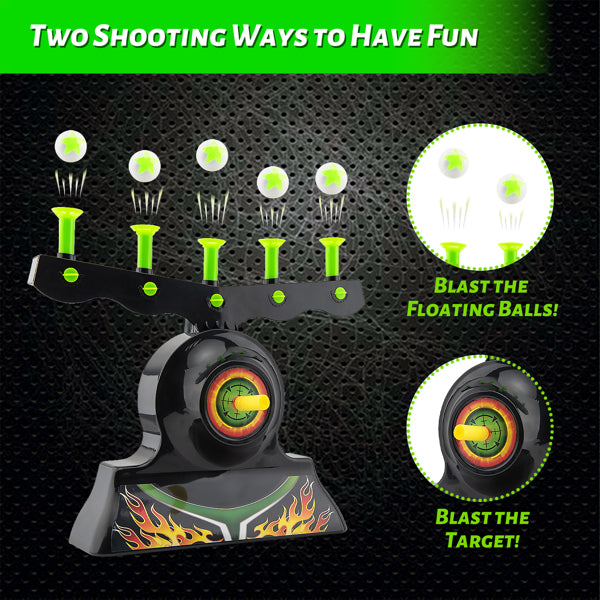 Toy with floating balls on green pillars, flame decal, and circular target, set against a dotted background.