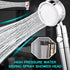 Chrome showerhead emitting high-pressure water jets, with blue highlights and text below.