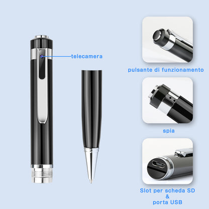 A black pen with camera, USB port, and SD slot. Includes close-ups on camera, button, and slot.