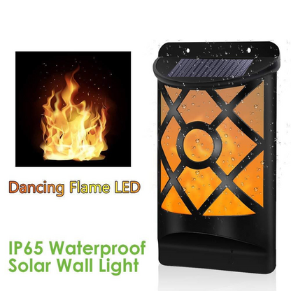 LED wall light with solar panel, black lattice design, and glowing orange flame effect.