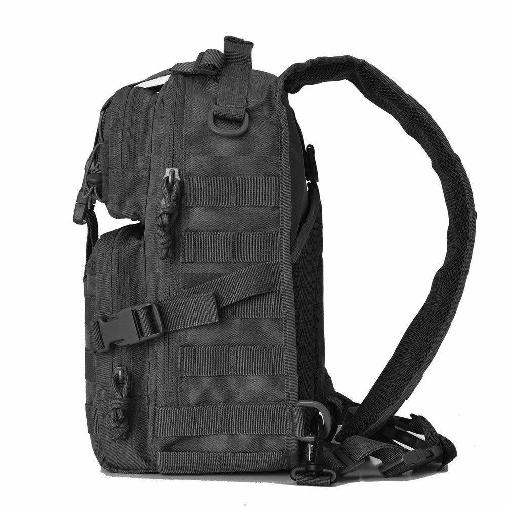 Black tactical backpack with multiple compartments, straps, and a padded shoulder strap.