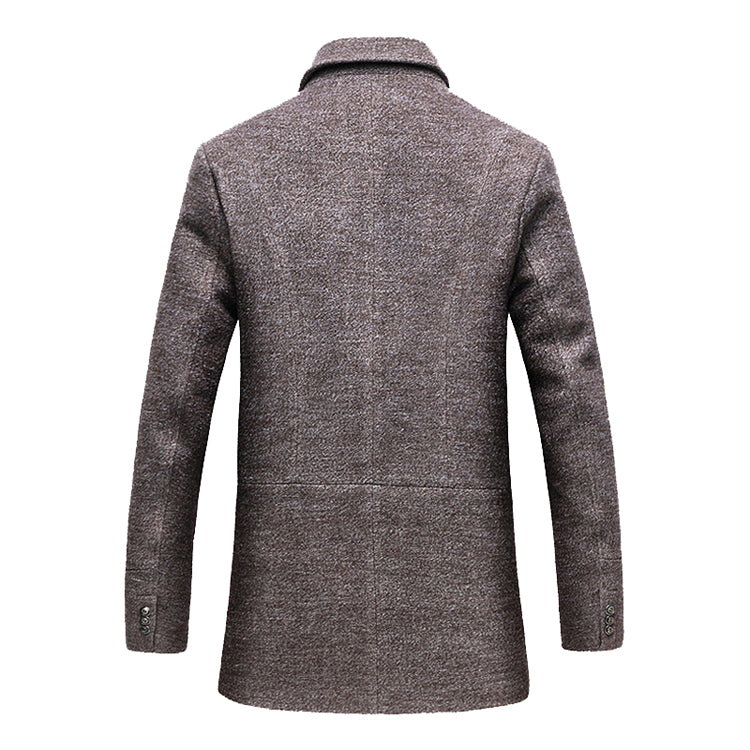 Brown tweed coat with long sleeves, back view, featuring three-button cuffs and a notched collar.