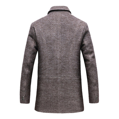 Brown tweed coat with long sleeves, back view, featuring three-button cuffs and a notched collar.
