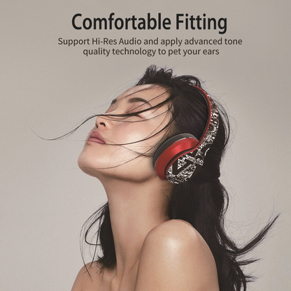 Woman with closed eyes wearing red headphones, hair blowing, text reads "Comfortable Fitting."