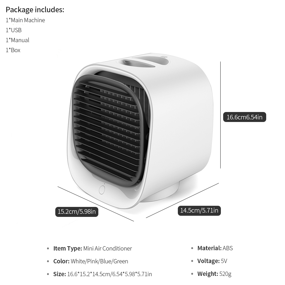 White mini air conditioner with black grill, dimensions labeled; includes USB, manual, and box.