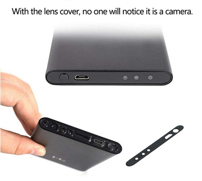 Black, rectangular device with a hidden camera lens cover, USB port, and LED indicators.