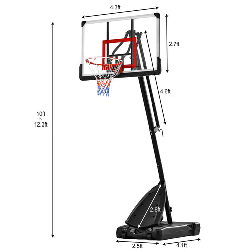 Portable basketball hoop with a clear backboard, red rim, and adjustable black stand, showing dimensions.