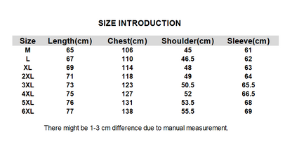 Size chart with measurements for M to 6XL in cm for length, chest, shoulder, and sleeve.