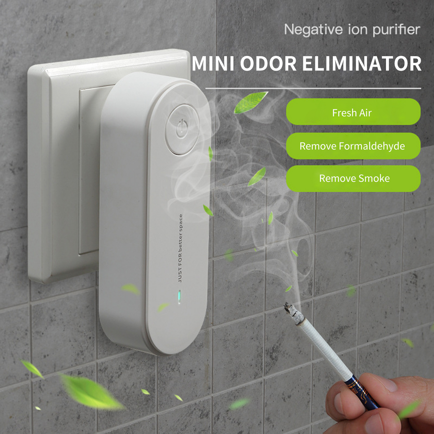 Wall-mounted white air purifier with green leaves and smoke from a cigarette nearby.