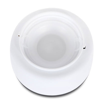 Top view of a white, round ceiling light fixture with a frosted cover.