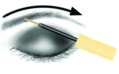 An eye with dark eyeshadow, an eyeliner brush above it, and an arrow indicating direction.