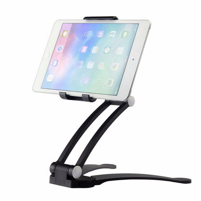 Tablet on a sleek black adjustable stand with visible app icons on the screen.