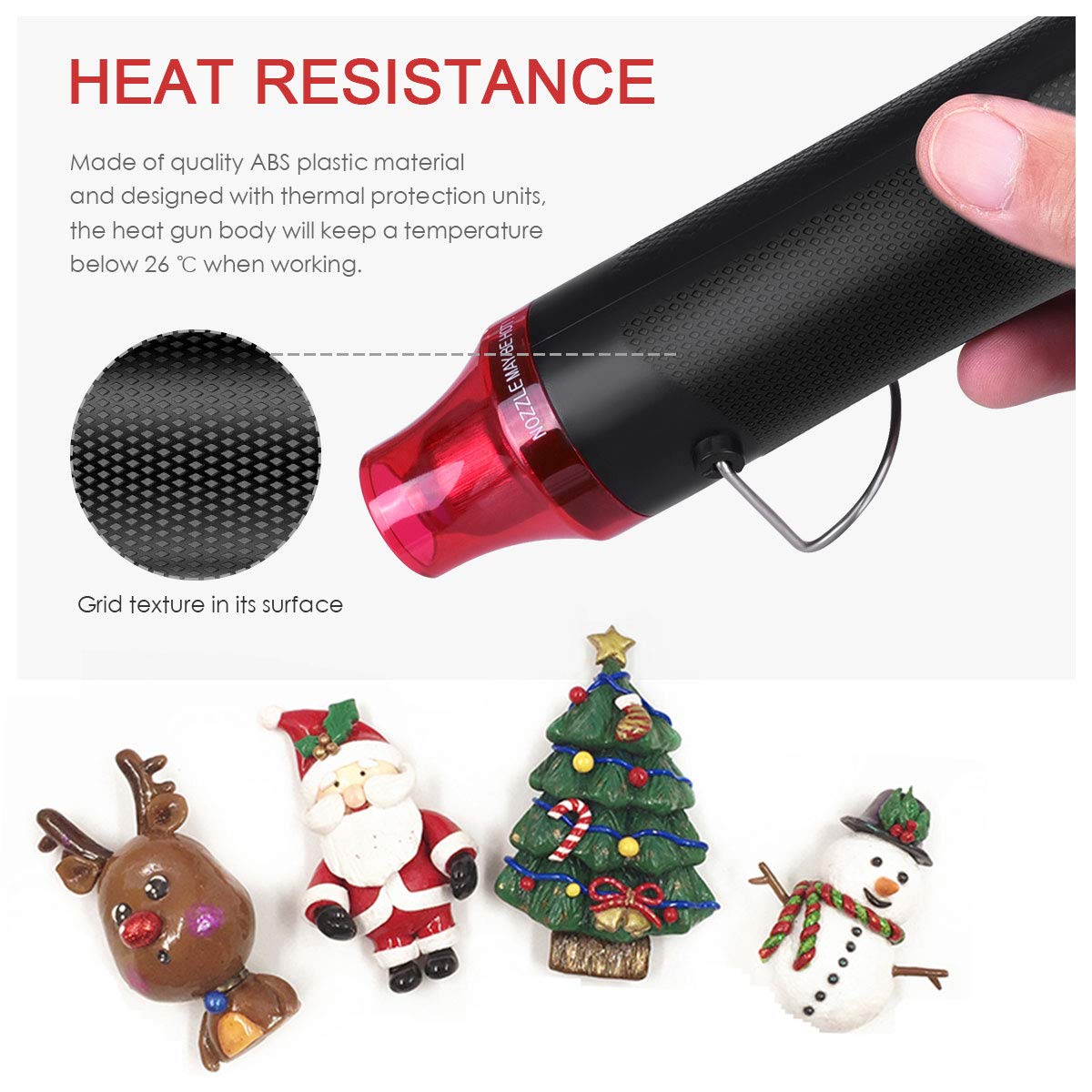Black heat gun with red nozzle, textured grip, and festive decorations: reindeer, Santa, tree, snowman.
