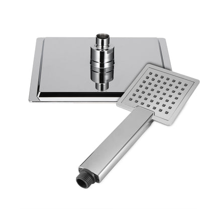 Metallic square shower heads on white background, featuring chrome finish and grid nozzles.