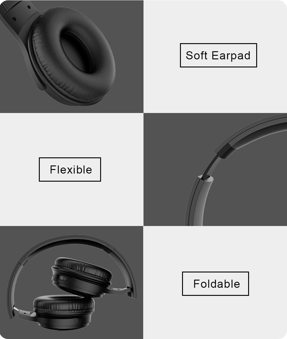 Black headphones with soft earpads, flexible and foldable design on a gray background.