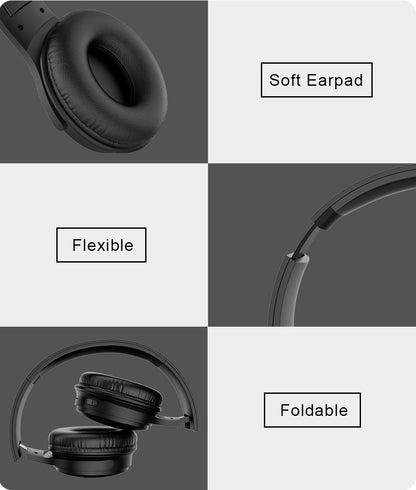 Black headphones with soft earpads, flexible and foldable design on a gray background.