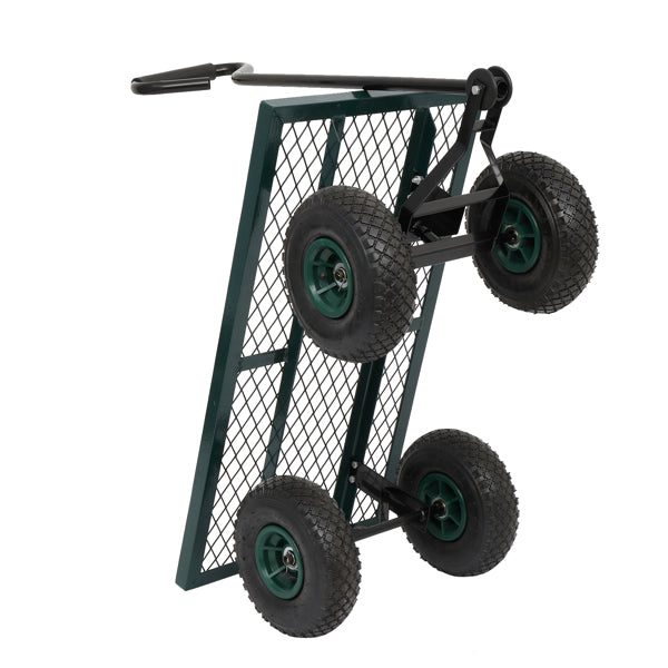 Green mesh dolly with four black wheels, angled handle, and rugged tires.
