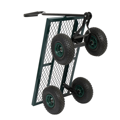 Green mesh dolly with four black wheels, angled handle, and rugged tires.