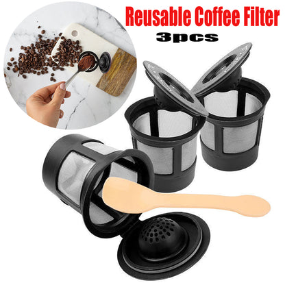 Three black mesh coffee filters with lids and a beige scoop. Text: "Reusable Coffee Filter, 3pcs".
