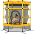 Child inside a yellow trampoline with star pattern and black netting, bending down to play.