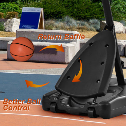 Basketball hoop base with black return baffle on outdoor court; orange basketball in motion.