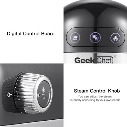 Digital control board with three buttons and a silver steam control knob labeled "Geek Chef."