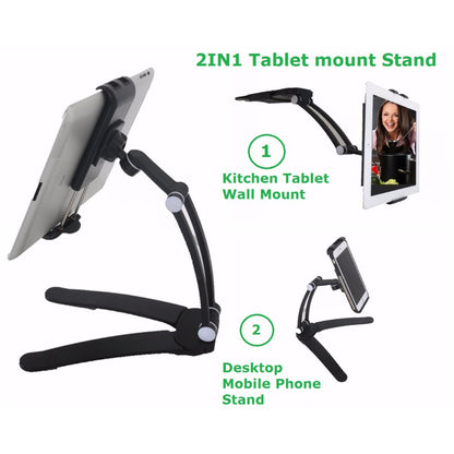 Black adjustable tablet stand shown as wall mount and desktop stand, green text on white background.