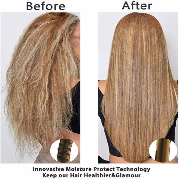 Frizzy, curly blonde hair before; smooth, straight blonde hair after.