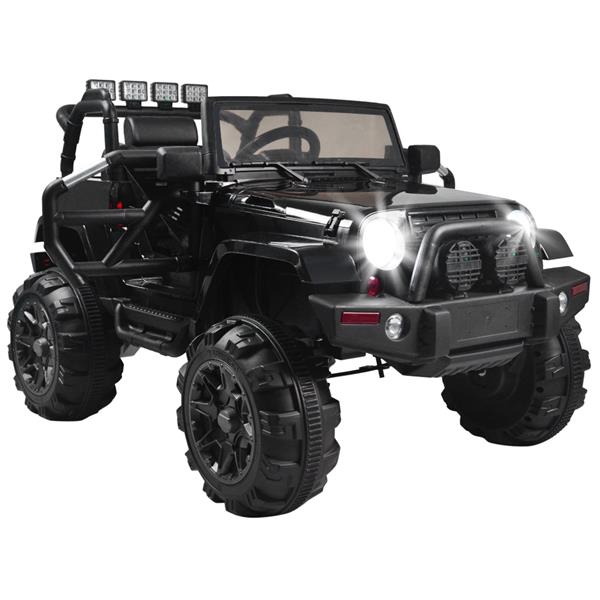 Black toy jeep with large rugged wheels, lit headlights, and a roll cage design.