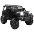 Black toy jeep with large rugged wheels, lit headlights, and a roll cage design.