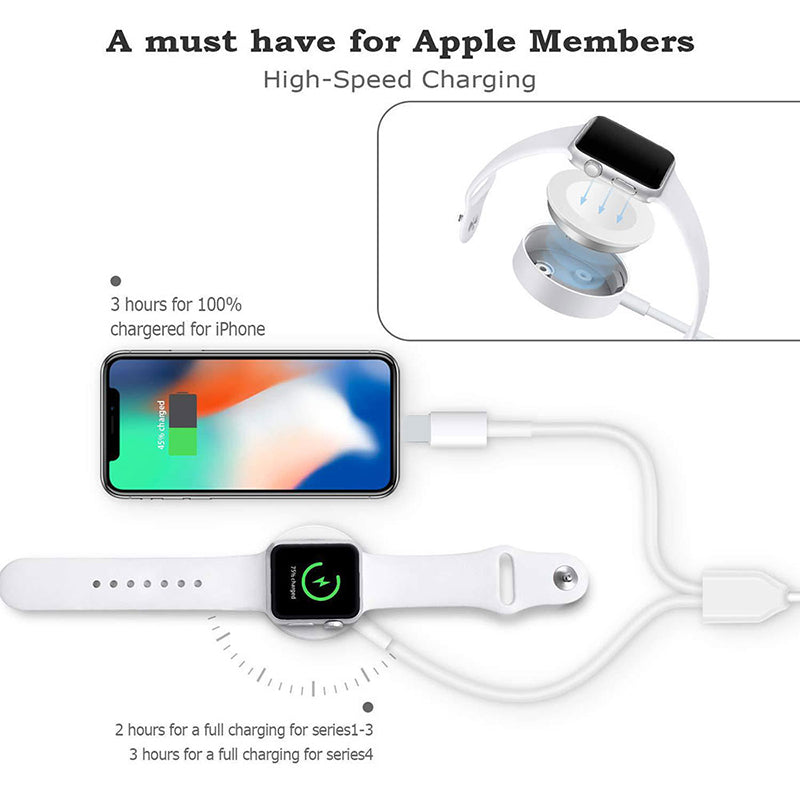 Apple watch and iPhone are charging with white cables, showing charging times for each device.
