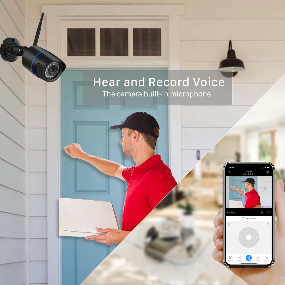 Security camera, man in red knocks on teal door, app display on smartphone, wall light above.