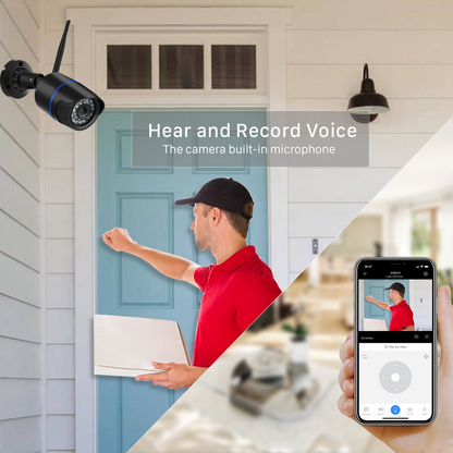 Security camera, man in red knocks on teal door, app display on smartphone, wall light above.