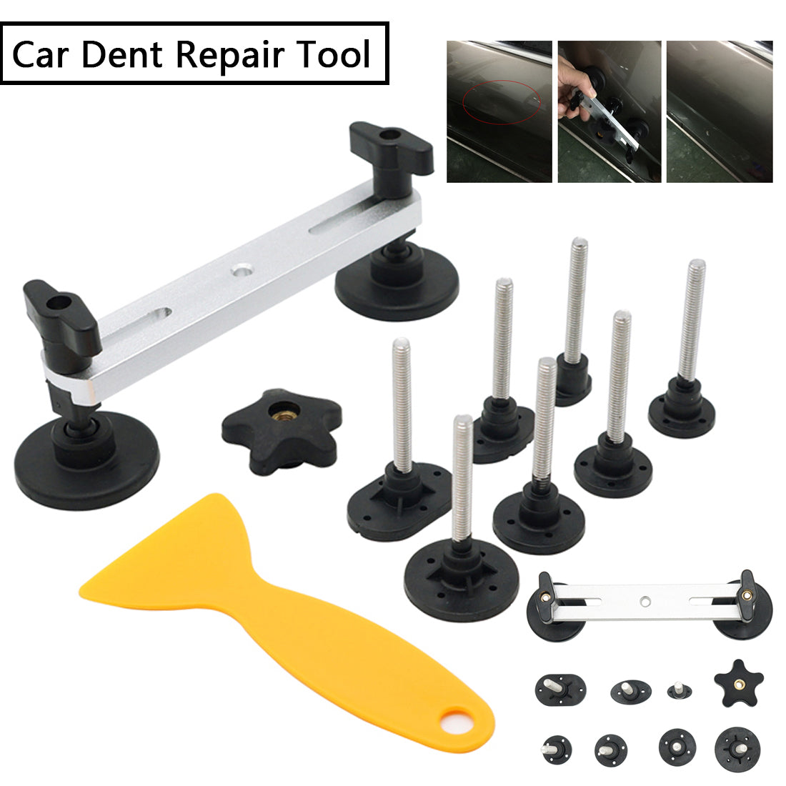 Car dent repair tool set with yellow scraper, silver bar, black suction cups, and bolts.