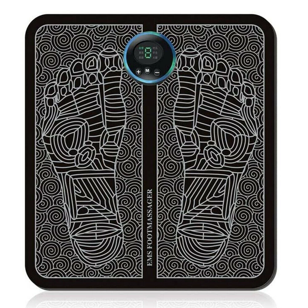 Black foot massager with patterned footprints, swirling background, and a digital control panel.