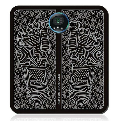 Black foot massager with patterned footprints, swirling background, and a digital control panel.