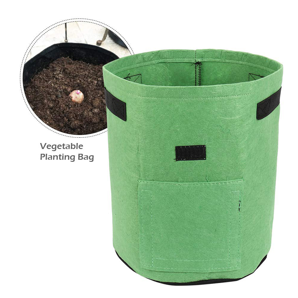 Green planting bag with black handles, and inset showing soil with a planted bulb.