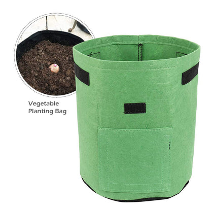 Green planting bag with black handles, and inset showing soil with a planted bulb.