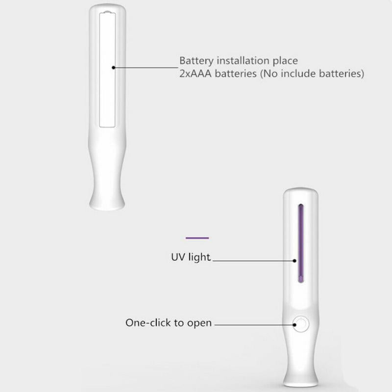 White handheld device with UV light and labeled battery slot for 2 AAA batteries.