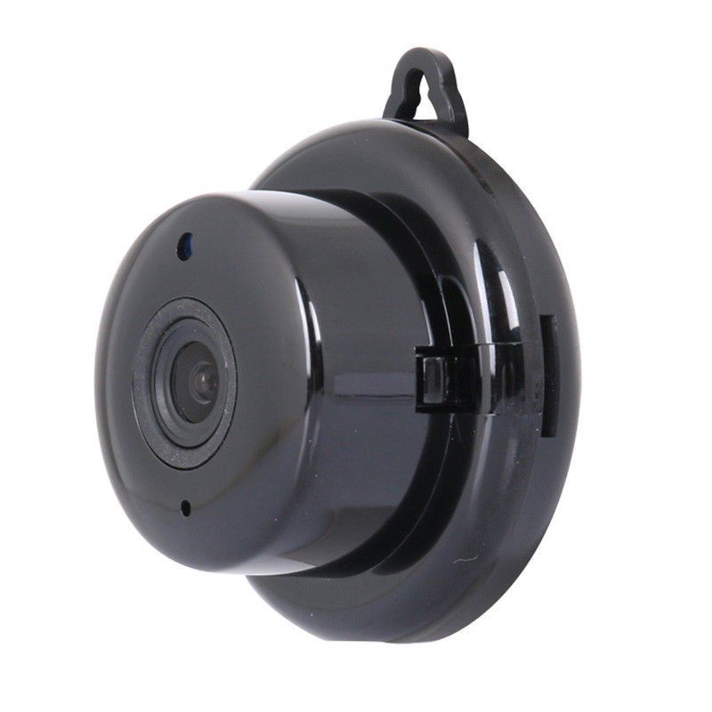 Black circular security camera with glossy finish and mounting hook on top.