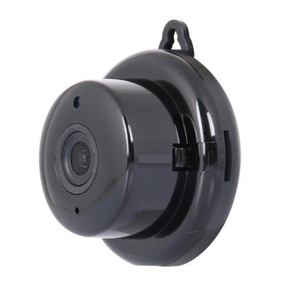 Black circular security camera with glossy finish and mounting hook on top.